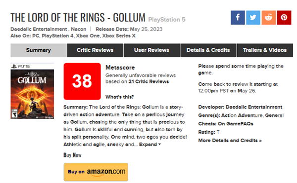 到底谁会买?《魔戒:咕噜》口碑扑街:媒体均分低至38分