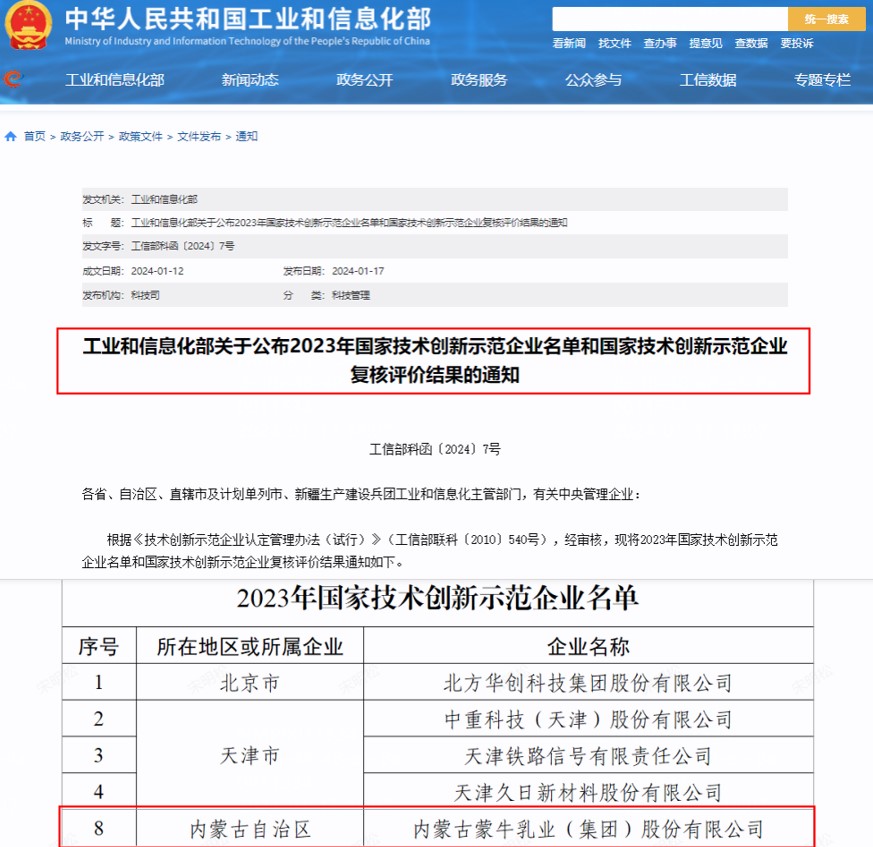 蒙牛集团被认定为“国家技术创新示范企业”(图1)